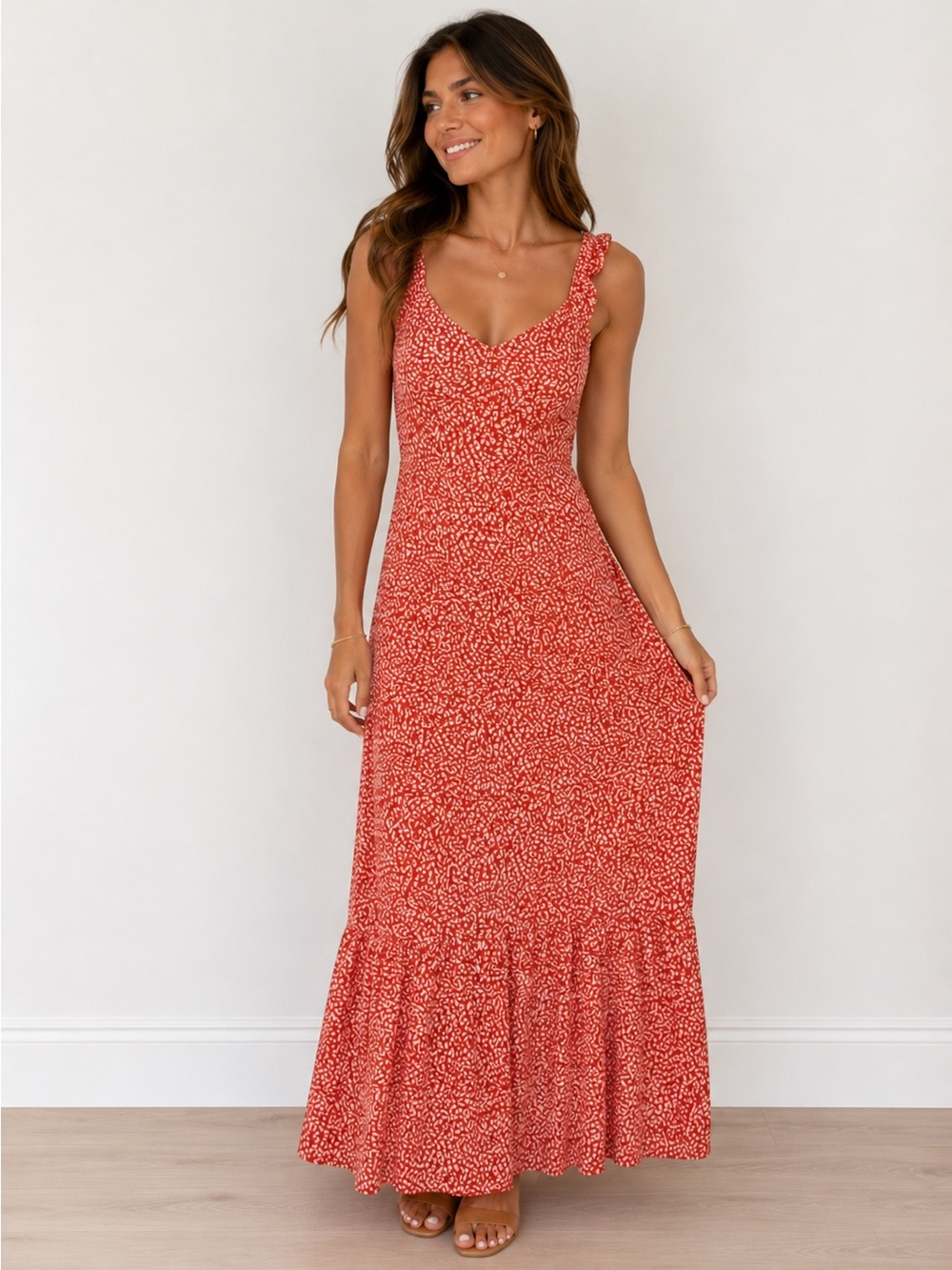 Orange Floral Maxi sundress with Tie-Strap Shoulders